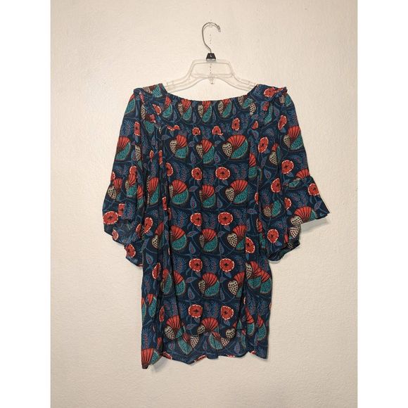 Women's Anthropologie Maeve XL Letitia Smocked Blouse Teal Poppy Babydoll Shirt - Picture 10 of 11